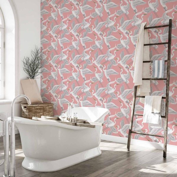 Tapisserie murale - Pastel birds – a delicate pattern of white and grey herons on a light pink background