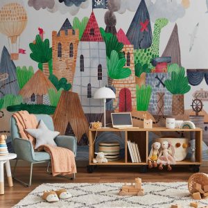 Papier peint - A colourful treasure island with a castle - a pirate ship at sea for children