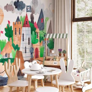 Papier peint - A colourful treasure island with a castle - a pirate ship at sea for children