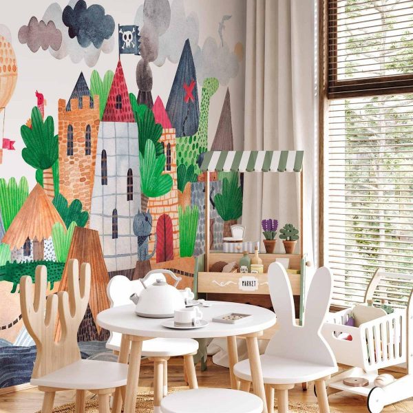 Papier peint - A colourful treasure island with a castle - a pirate ship at sea for children