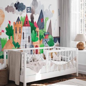 Papier peint - A colourful treasure island with a castle - a pirate ship at sea for children