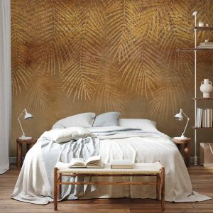 Papier peint - Abstract nature in beige - composition with golden exotic leaves