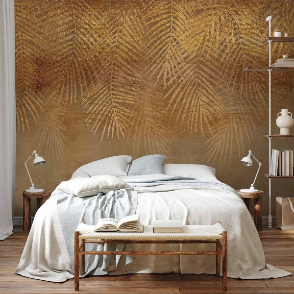 Papier peint - Abstract nature in beige - composition with golden exotic leaves