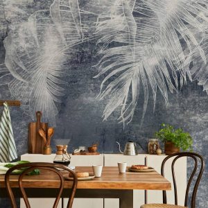 Papier peint - Abstraction with nature - exotic leaves on a blue background with pattern