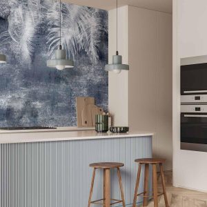 Papier peint - Abstraction with nature - exotic leaves on a blue background with pattern