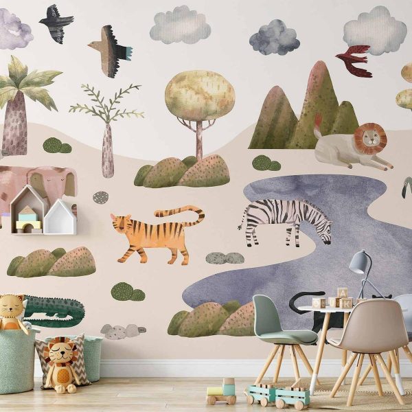 Papier peint - Africa for Toddlers - Savannah Animals in Pastel Colours