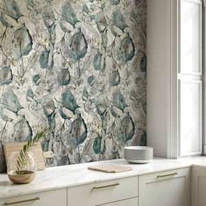 Papier peint - Autumn souvenirs - cool grey floral pattern with leaves