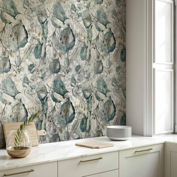 Papier peint - Autumn souvenirs - cool grey floral pattern with leaves