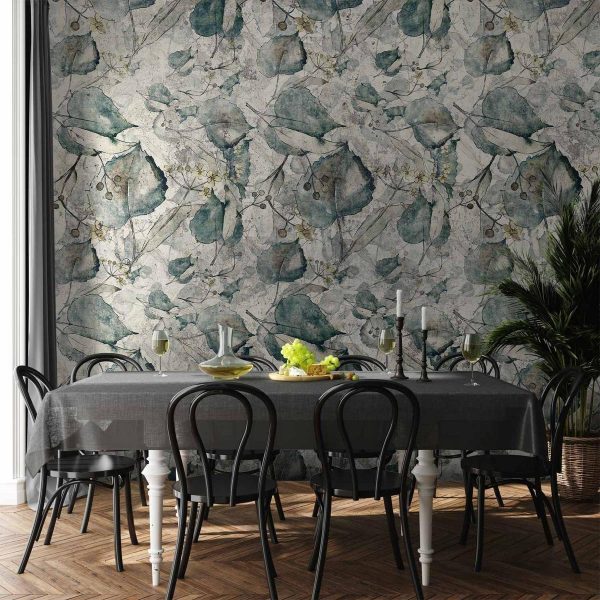 Papier peint - Autumn souvenirs - cool grey floral pattern with leaves