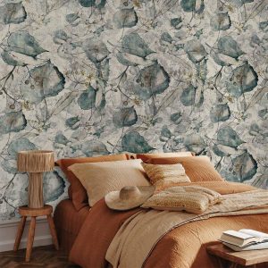 Papier peint - Autumn souvenirs - cool grey floral pattern with leaves