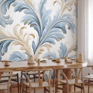 Papier peint - Baroque Ornaments in Light Cream-Blue Hues
