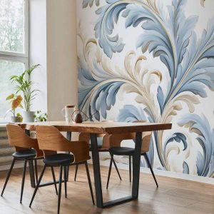 Papier peint - Baroque Ornaments in Light Cream-Blue Hues