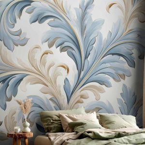 Papier peint - Baroque Ornaments in Light Cream-Blue Hues
