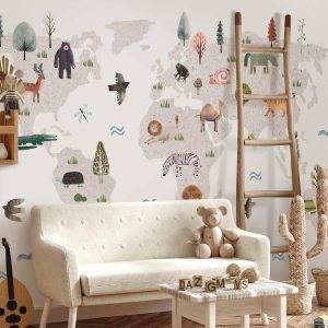 Papier peint - Beige World - Continents With Animals in Muted Colours