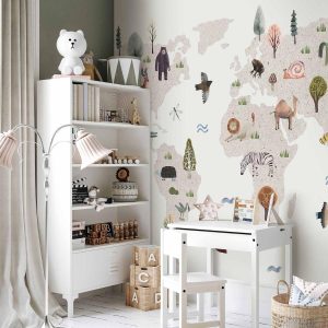 Papier peint - Beige World - Continents With Animals in Muted Colours