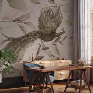 Papier peint - Bird among the leaves - floral motif with a flying peacock in cool tones