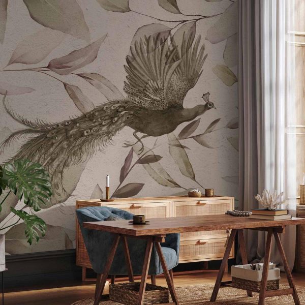Papier peint - Bird among the leaves - floral motif with a flying peacock in cool tones