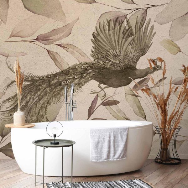 Papier peint - Bird among the leaves - floral motif with a flying peacock in cool tones