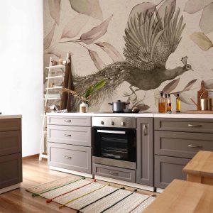 Papier peint - Bird among the leaves - floral motif with a flying peacock in cool tones