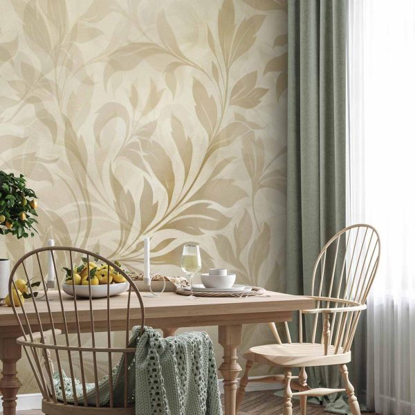 Papier peint - Botanical Motif with Leaves and Vines in Sand Colors