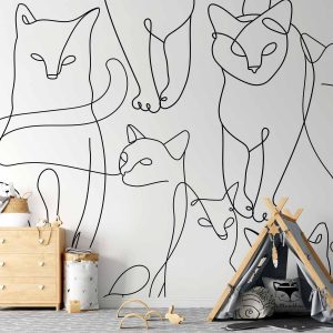 Papier peint - Cat lineart - minimalist sketches of black cats on white background