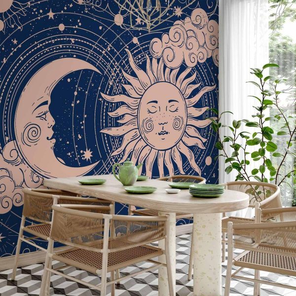 Papier peint - Cosmic Harmony - Illustration of the Sun and Moon on a Navy Background