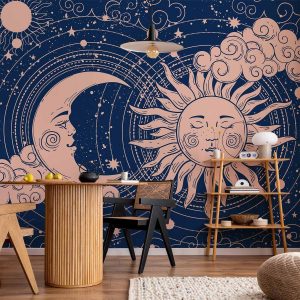 Papier peint - Cosmic Harmony - Illustration of the Sun and Moon on a Navy Background