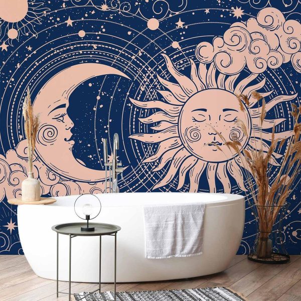 Papier peint - Cosmic Harmony - Illustration of the Sun and Moon on a Navy Background