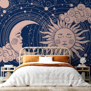 Papier peint - Cosmic Harmony - Illustration of the Sun and Moon on a Navy Background