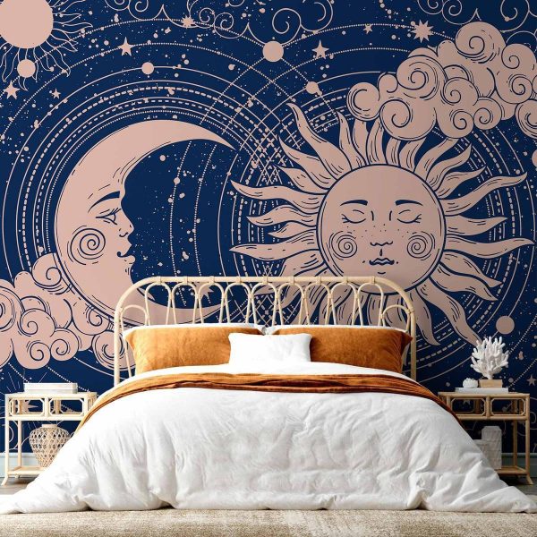 Papier peint - Cosmic Harmony - Illustration of the Sun and Moon on a Navy Background