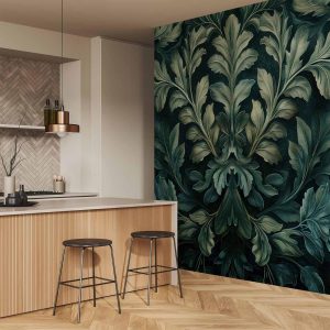 Papier peint - Dark Green Victorian Leaves: Botanical Carved Composition