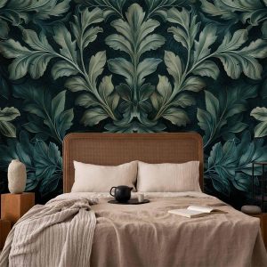 Papier peint - Dark Green Victorian Leaves: Botanical Carved Composition