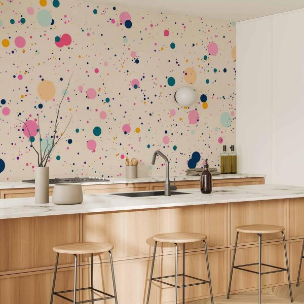 Papier peint - Dots Speckles and Splatters Multicolored Cheerful Pattern on a Light Pink Background