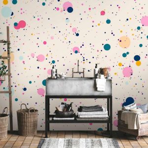 Papier peint - Dots Speckles and Splatters Multicolored Cheerful Pattern on a Light Pink Background