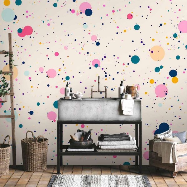 Papier peint - Dots Speckles and Splatters Multicolored Cheerful Pattern on a Light Pink Background