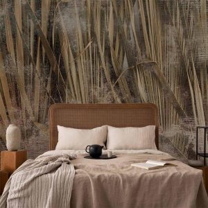 Papier peint - Dry leaves - landscape of tall grasses in boho style with paint patterns