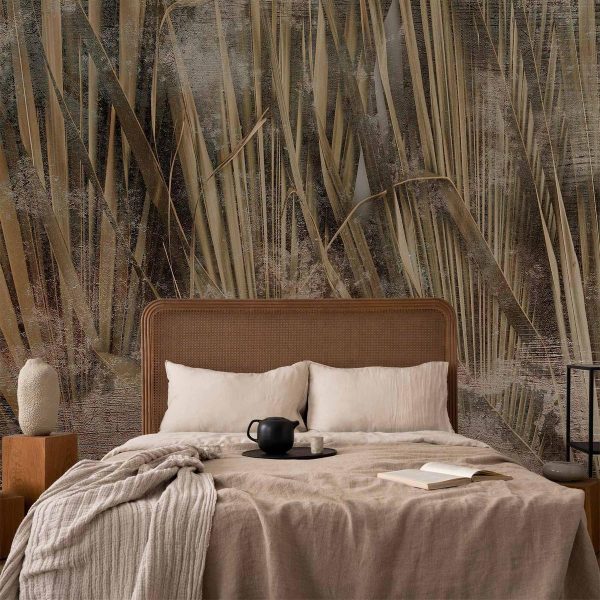 Papier peint - Dry leaves - landscape of tall grasses in boho style with paint patterns