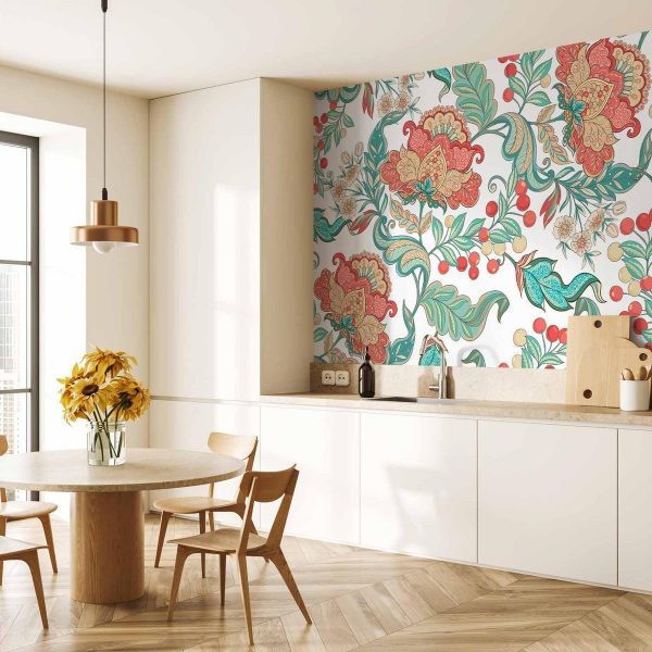 Papier peint - Ethnic vegetation - plant motif with ornaments in coloured flowers