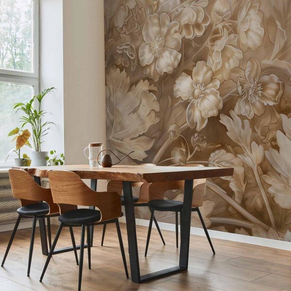 Papier peint - Floral Ornaments Carved in Delicate Sepia and Brown Shades