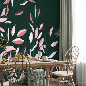 Papier peint - Flowering vine - minimalist climbing leaves on a green background