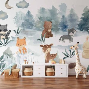 Papier peint - Forest Games - Animals in a Forest Painted in Watercolours
