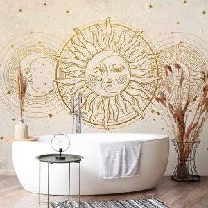 Papier peint - Golden Sun and Moon - Artistic Illustration in Retro Style