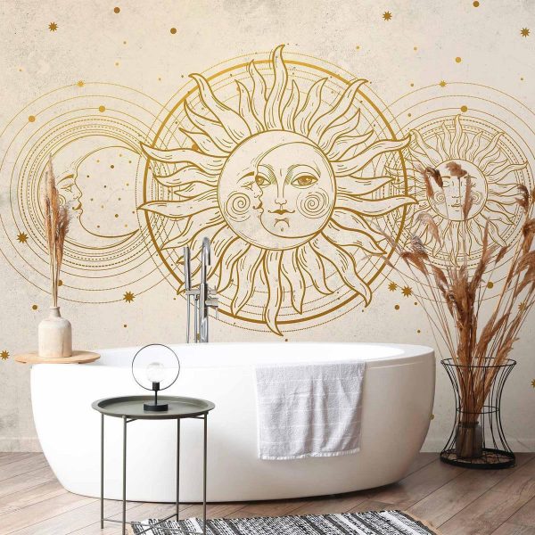 Papier peint - Golden Sun and Moon - Artistic Illustration in Retro Style