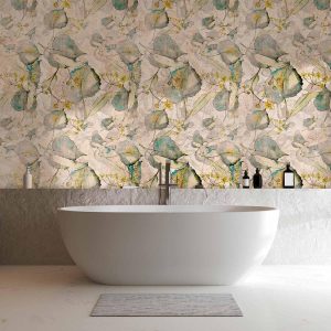 Papier peint - Green and yellow autumn souvenirs - floral design with leaves