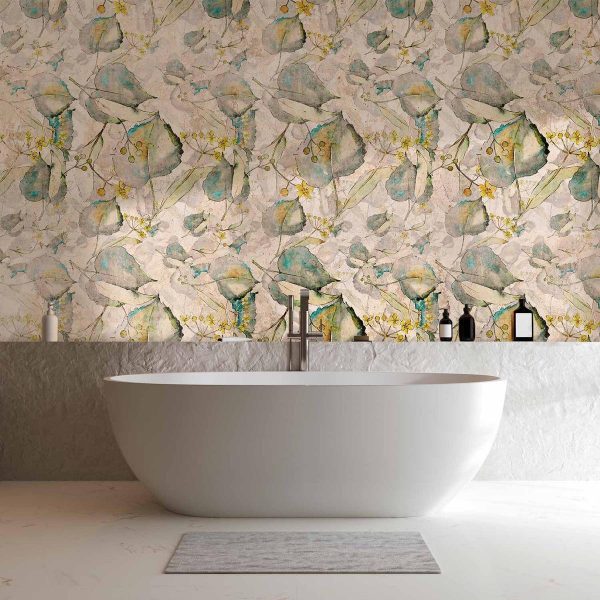 Papier peint - Green and yellow autumn souvenirs - floral design with leaves