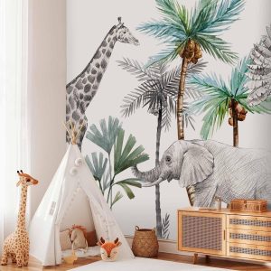 Papier peint - Jungle Animals Wallpaper for Children's Room in Cartoon Style