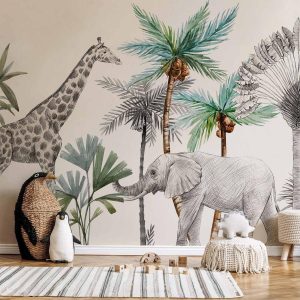Papier peint - Jungle Animals Wallpaper for Children's Room in Cartoon Style