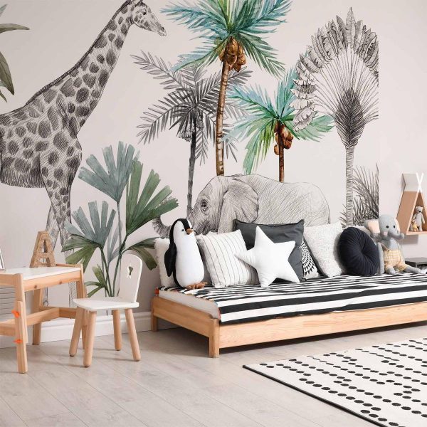 Papier peint - Jungle Animals Wallpaper for Children's Room in Cartoon Style