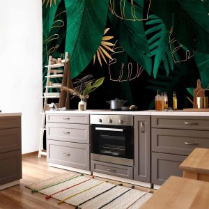 Papier peint - Jungle and composition - motif of green and golden leaves on a black background