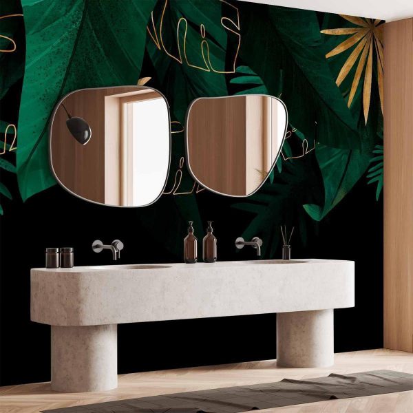 Papier peint - Jungle and composition - motif of green and golden leaves on a black background